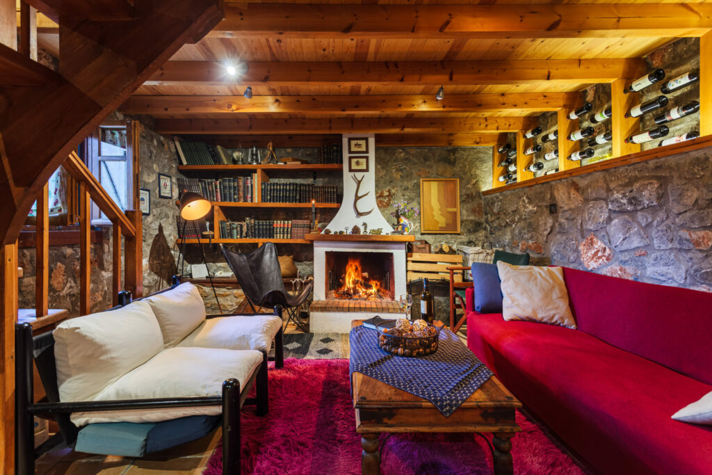 fireplace in home in mountains